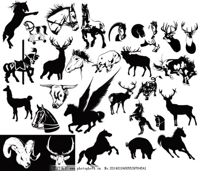 创意野生动物剪影矢量素材免费下载 动物剪影 黑白矢量 梅花鹿 牛