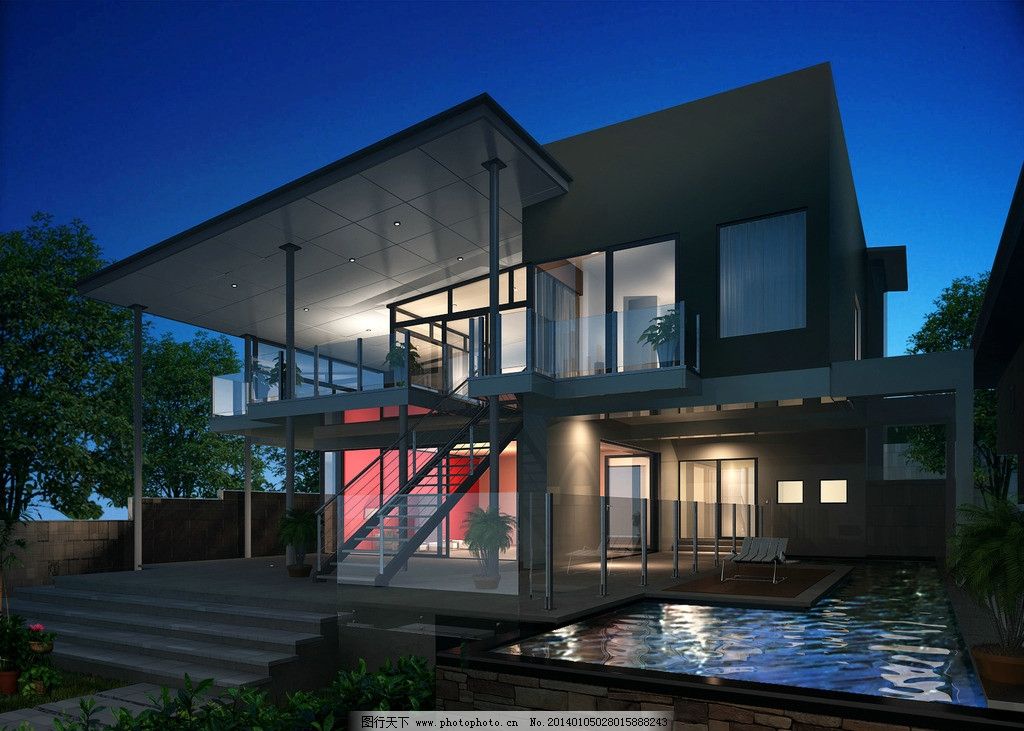 别墅 现代 室外 夜景 材质 灯光 建筑设计 环境设计 设计 72dpi jpg