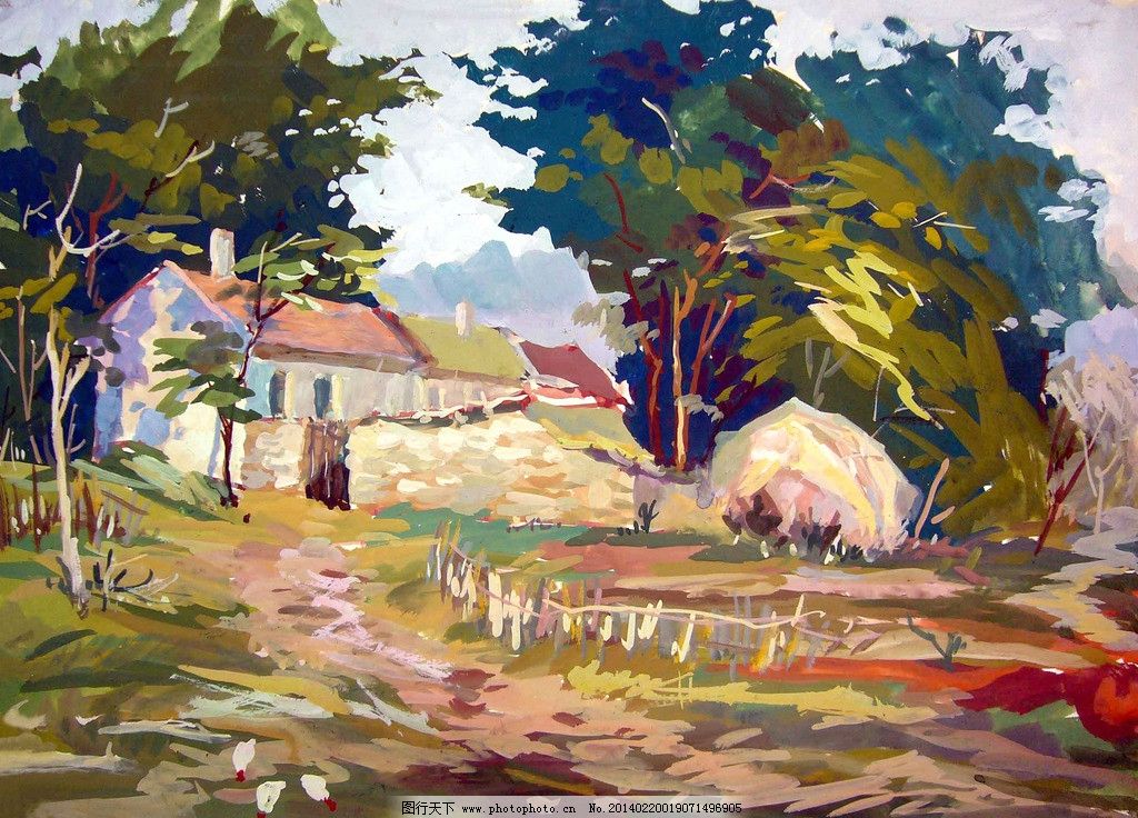 郊外小村 美术 水粉画 风景 郊野 村子 房屋 树木 水粉画艺术 绘画