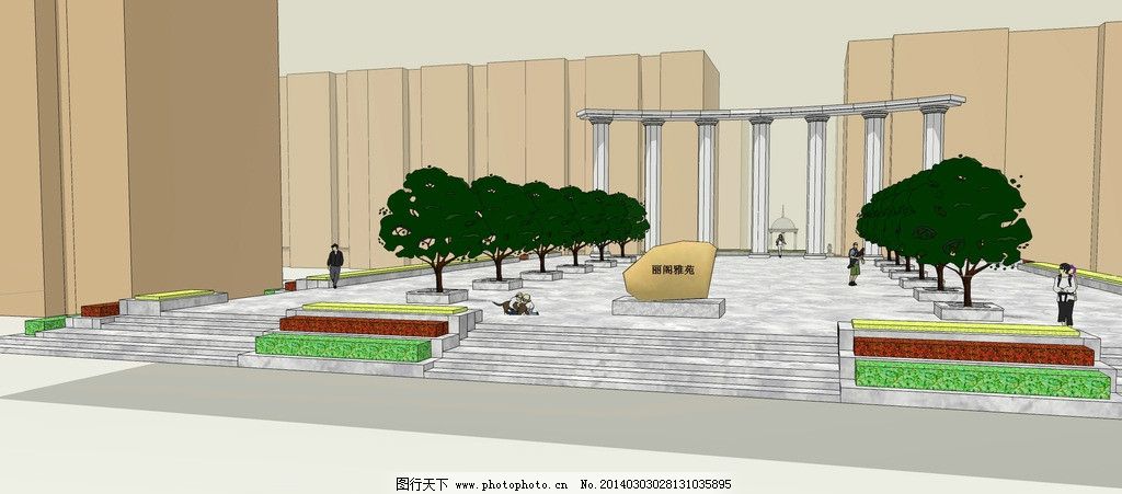 某小区入口处园林小品 欧式 对称式 广场 小区 园林小品 罗马柱 景观