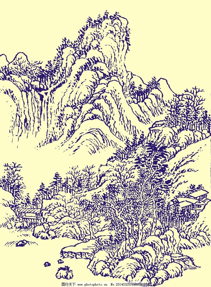 国画山水 国画 山水画 水墨画 山石 山脉 岩石 石头 树木 柳树 亭子