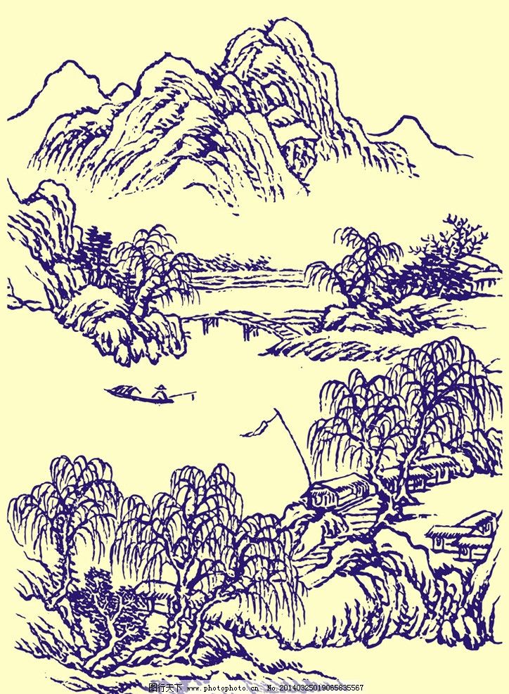 国画山水 国画 山水画 水墨画 山石 山脉 岩石 石头 树木 柳树 亭子 民居 房屋 寺庙 花草 植物 人物 划船 小桥 小舟 船只 飞鸟 河流 小溪 艺术 中国传统 国粹 绘画技法 毛笔画 高雅 享受 文化休闲 CDR素材 矢量文件 设计用图 绘画艺术 美术绘画 文化艺术 矢量 CDR