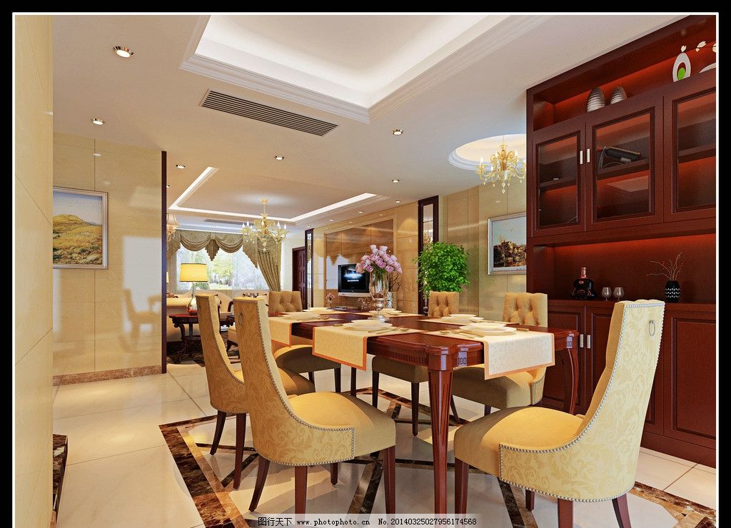 欧式餐厅效果图 餐厅 效果图 JPG 欧式 简欧 拼花 餐桌 酒柜 天花 客厅效果图 室内设计 环境设计 设计 300DPI