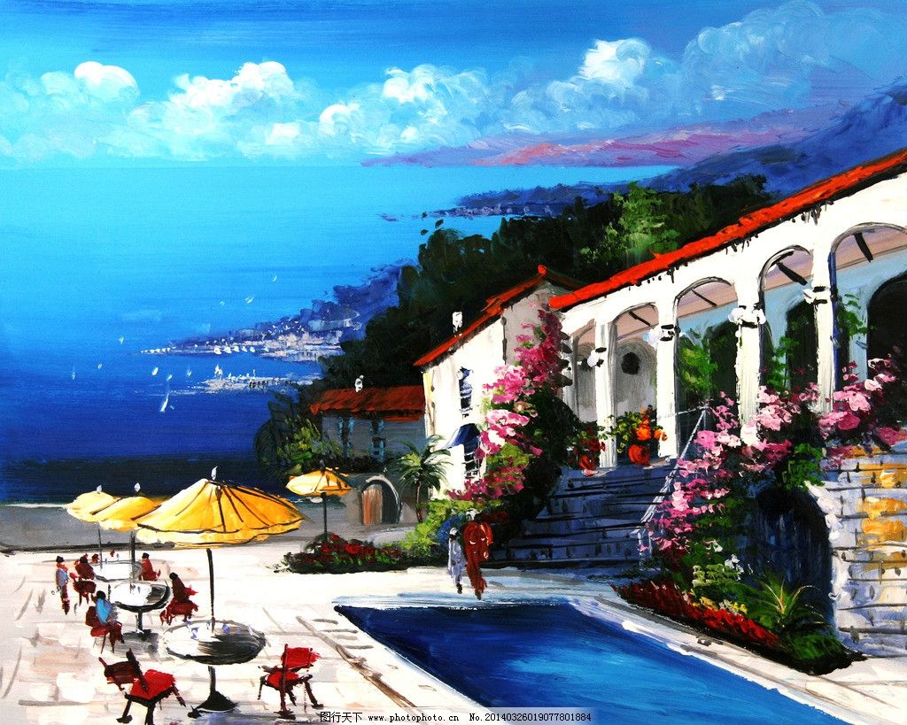 地中海油画 地中海 海景 刀画 欧式 油画 装饰 绘画书法 文化艺术