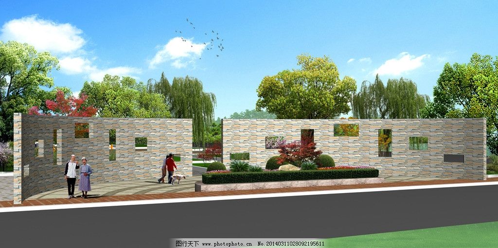 景墙效果图,树木,景墙,绿地,花坛,灌木,建筑设计,环境设计,源文件,72DPI,PSD
